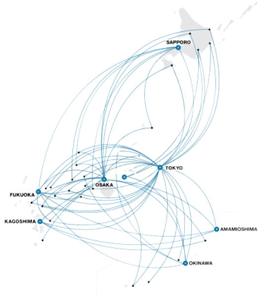 JAL JEP routes map including Kyushu, Chugoku, Kansai, Shikoku areas, and much more!